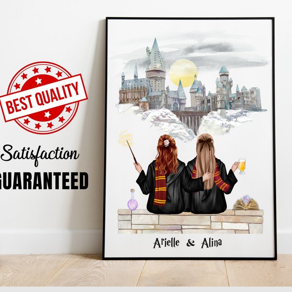 Custom Best Friends Gift For Wizard School Fan Personalised Friends Illustration Magic School Portrait Print For Couple Witches Teacher Gift