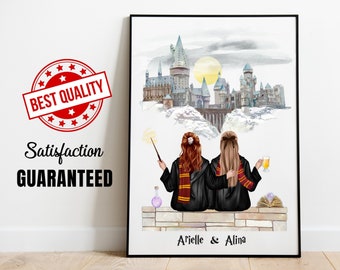 Custom Best Friends Gift For Wizard School Fan Personalised Friends Illustration Magic School Portrait Print For Couple Witches Teacher Gift