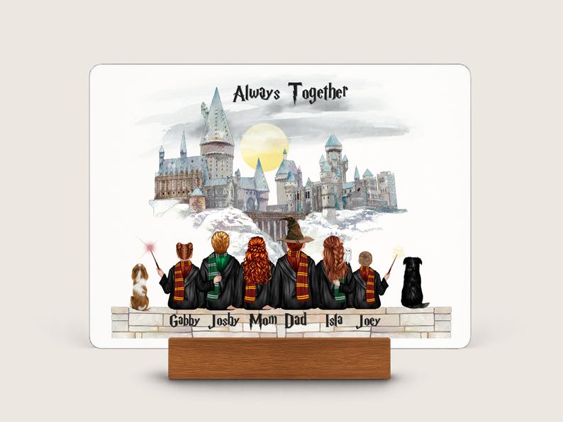 Custom couple wizard portrait harry style gifts for couples with pet wizard family print gift, wizard school couple print, custom made gifts image 2