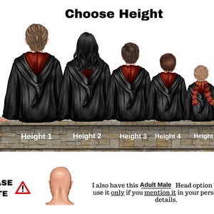 May include: Five figures in black robes with red accents are sitting on a stone wall. The figures are arranged in a row from left to right, with the tallest figure on the left and the shortest figure on the right. The text "Choose Height" is at the top of the image. The text "Height 1" through "Height 5" is below the figures. The text "PLEASE NOTE" and an exclamation point are in the lower left corner of the image. A bald head is in the lower center of the image. The text "I also have this Adult Male Head option but I will use it only if you mention it in your personalized details." is in the lower right corner of the image.