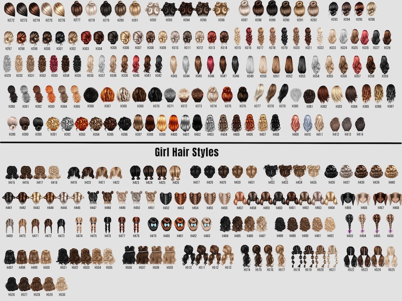 May include: A chart of 100 different girl hair styles. The styles are numbered and shown from the back. The chart is titled "Girl Hair Styles".