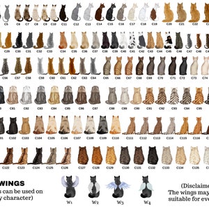 May include: A chart of 138 different cat illustrations, each with a unique color and pattern. The cats are all sitting in a row, facing the viewer. The chart is labeled with numbers from C1 to C138. Below the chart, there are four illustrations of cats with wings, labeled W1 to W4. The text "Wings can be used on any character" is below the cat illustrations with wings. The text "(Disclaimer) The wings may not be suitable for every Cat" is below the cat illustrations with wings.