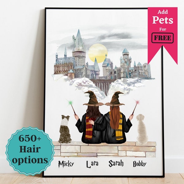 Wizard geschenken voor meisjes gepersonaliseerde wizard school portret cadeau voor familie/vrienden aangepaste wizard paar print cadeau voor vrouwen