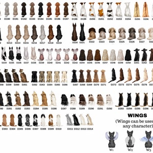 May include: A large collection of dog and cat illustrations, each with a unique pose and breed. The illustrations are numbered and arranged in rows. The text "WINGS (Wings can be used on any character)" is at the bottom of the image, with four additional illustrations of cats with wings.