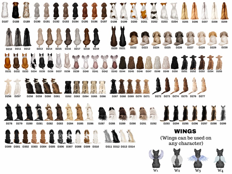 May include: A large collection of dog and cat illustrations, each with a unique pose and breed. The illustrations are numbered and arranged in rows. The text "WINGS (Wings can be used on any character)" is at the bottom of the image, with four additional illustrations of cats with wings.