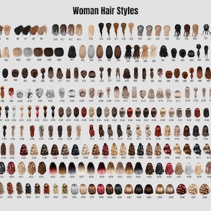 May include: A chart of 100 different hairstyles for women, numbered and displayed in rows. Each hairstyle is a different style, color, and length.