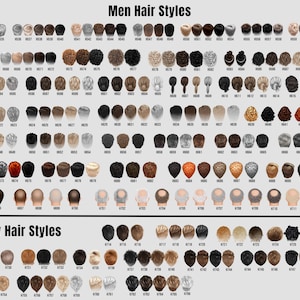 May include: A chart with 100 different hair styles for men and boys. The chart is divided into two sections, one for men and one for boys. Each section has a title and a grid of images showing different hair styles. The images are numbered and labeled with a number.