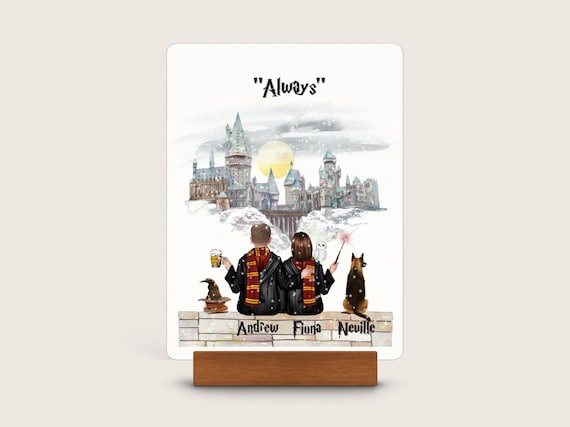 Custom couple wizard portrait harry style gifts for couples with pet wizard family print gift, wizard school couple print, custom made gifts