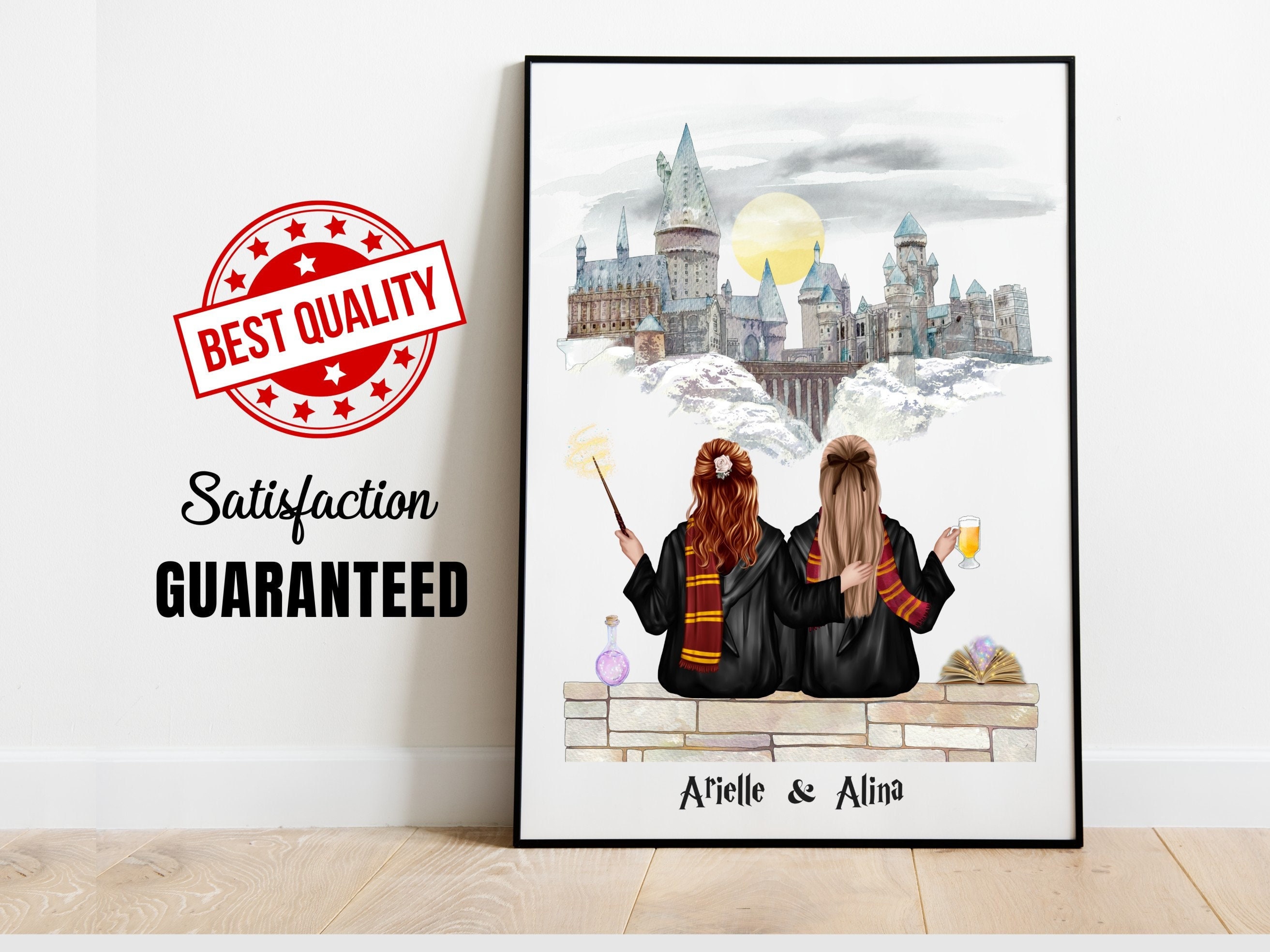 Custom Best Friends Gift For Wizard School Fan Personalised Friends Illustration Magic School Portrait Print For Couple Witches Teacher Gift