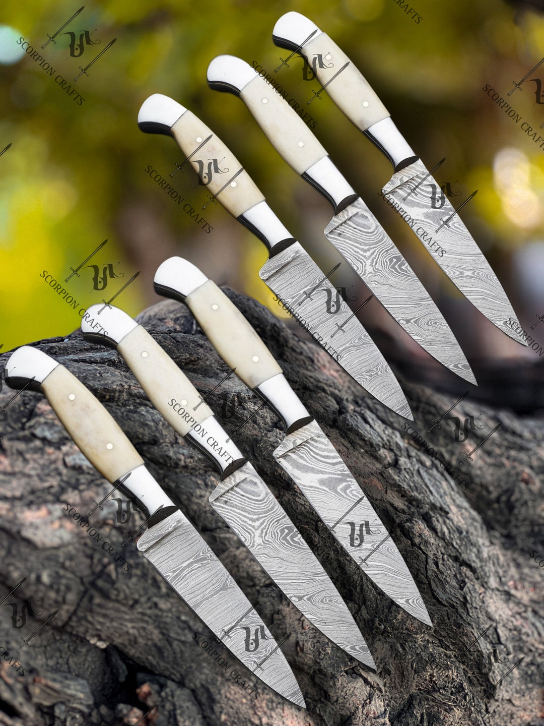 BBQ Steak Knives Set 6 Pcsoutdoor Steaks Knives Damascus Etsy