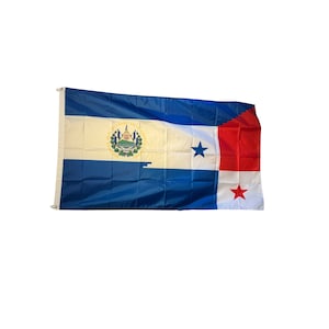 May include: A blue, white, and red flag with the coat of arms of El Salvador on the left side and the flag of Panama on the right side.