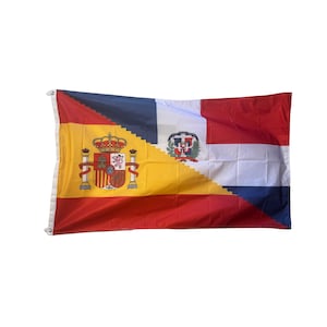 May include: A rectangular flag featuring a split design. One side displays the Spanish coat of arms on a yellow background with red stripes. The other side combines the Dominican Republic's emblem with a blue, white, and red pattern.