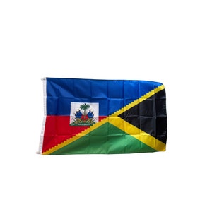 May include: A rectangular flag combining the designs of the Haitian and Jamaican flags. The Haitian side has a blue upper section, a red lower section, and a central emblem. The Jamaican side has a black and yellow diagonal pattern.