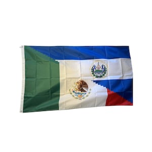 May include: A flag with the colors of Mexico and El Salvador. The flag is green, white, and red with the Mexican coat of arms in the center. The El Salvadorian coat of arms is in the upper right corner.