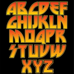 Könnte beinhalten: Alphabet von A bis Z in einer kräftigen, stilisierten Schriftart. Die Buchstaben sind in einem Farbverlauf von Orange und Gelb gehalten, schwarz umrandet, vor einem schwarzen Hintergrund. Das Design hat eine Retro- und Vintage-Ästhetik.