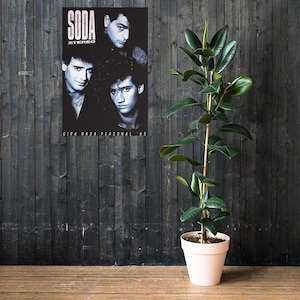 May include: A black and white poster featuring three men with the text SODA STEREO and GIRA NADA PERSONAL '85. The poster is displayed next to a tall green rubber plant in a light-colored pot. The background consists of dark vertical wooden planks.