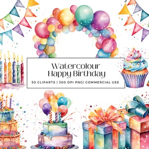 50 Aquarell Happy Birthday Sammlung, perfekt für Geburtstagskarten, Einladungen, Geschenke, Dekor, Sofortiger Download, kommerzielle Nutzung