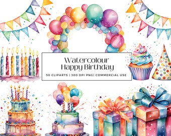50 Collection de joyeux anniversaire aquarelle, parfaite pour les cartes d'anniversaire, les invitations, les cadeaux, la décoration, le téléchargement instantané, l'utilisation commerciale