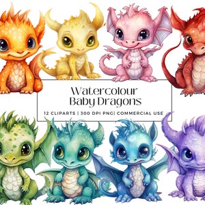 12 Watercolour Baby Dragons Clipart Collection, Perfect for Scrapbooks, Wall Art, Cards, Journals, Decor, Instant Download, Commercial Use