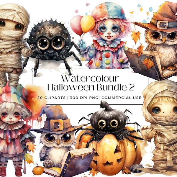 20 Watercolour Halloween Kawaii Collection,  Mummies, Clowns, Spiders and Owls - Perfect for Halloween decor, cards and invitations