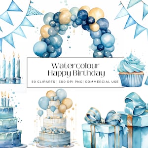 50 Collection de joyeux anniversaire aquarelle, parfaite pour les cartes d'anniversaire, les invitations, les cadeaux, la décoration, le téléchargement instantané, l'utilisation commerciale