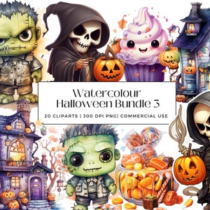 20 Acuarela Halloween Kawaii Paquete 3, Grim Reaper, Frankenstein, Cupcakes, Dulces y Casas Encantadas - Perfecto para decoraciones de Halloween