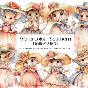 21 Watercolour Southern Belles Mice Collection, Perfect for Scrapbooks, Wall Art, Cards, Journals, Decor, Instant Download, Commercial Use