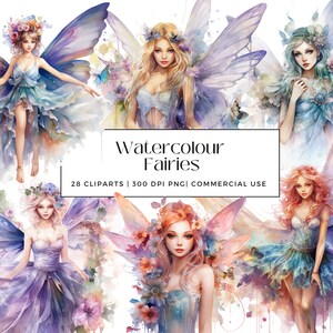 Collection de 28 fées à l'aquarelle, parfaite pour les albums de découpures, l'art mural, les cartes, les revues, la décoration, le téléchargement instantané, l'utilisation commerciale