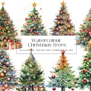 40 Watercolor Christmas Trees Collection, Perfect for Christmas Cards, Invitations, Gifts, Decor, Instant Download, Commercial Use