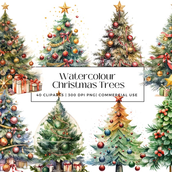 40 Watercolor Christmas Trees Collection, Perfect for Christmas Cards, Invitations, Gifts, Decor, Instant Download, Commercial Use