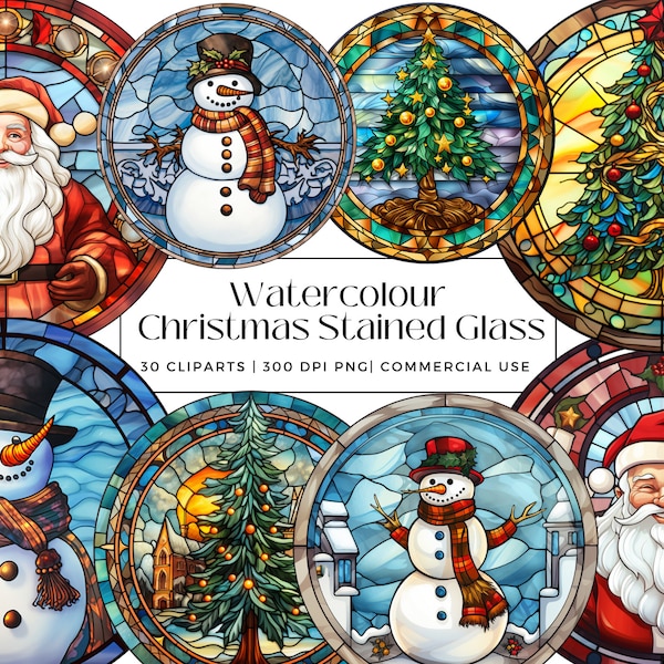30 Watercolor Christmas Stained Glass Collection, Perfect for Christmas Cards, Invitations, Gifts, Decor, Instant Download, Commercial Use