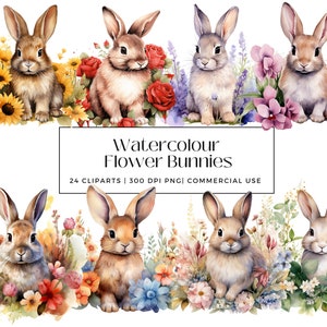 24 Aquarell Blumen Hasen Sammlung, perfekt für Scrapbooks, Wandkunst, Karten, Journals, Dekor, sofortiger Download, kommerzielle Nutzung