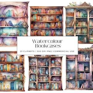 23 Watercolour Bookcases Clipart, Perfect for Scrapbooks, Wall Art, Cards, Journals, Decor, Instant Download, Commercial Use