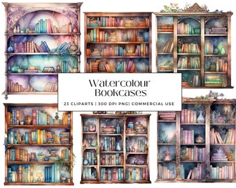23 Watercolour Bookcases Clipart, Perfect for Scrapbooks, Wall Art, Cards, Journals, Decor, Instant Download, Commercial Use