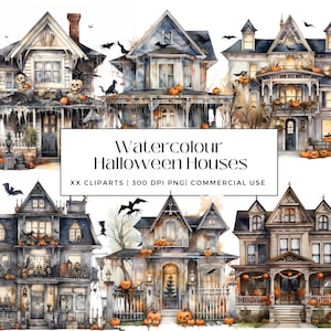 23 Imágenes prediseñadas de casas de Halloween en acuarela, perfectas para decoración de Halloween, imprimibles, arte de pared, tarjetas, diarios, descarga instantánea, uso comercial