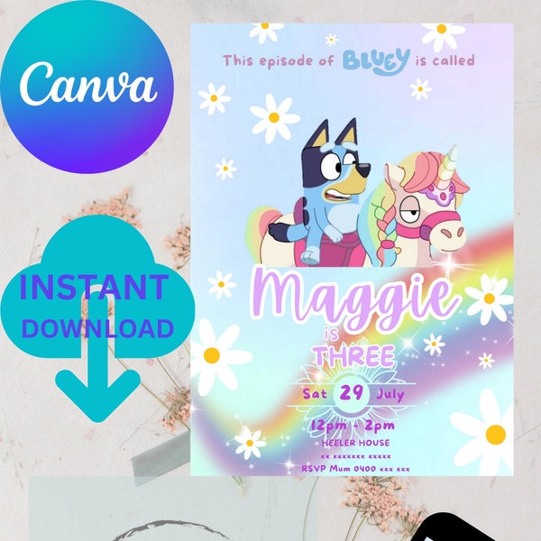 Bluey Unicorn Rainbow Invitation - DIGITAL DOWNLOAD