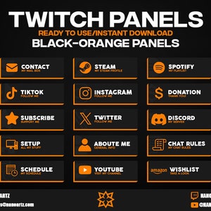 Könnte beinhalten: Schwarze und orangefarbene Twitch-Panels mit Symbolen für verschiedene Social-Media-Plattformen und Streaming-Dienste. Enthält Panels für Kontakt, Steam, Spotify, TikTok, Instagram und mehr. Sofort einsatzbereit und zum Download.
