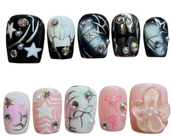 Custom cyber punk Press On Nails, black and pink nails, food nails, 3D art nails, long lasting press ons, goth nails, y2k nails, pastel goth