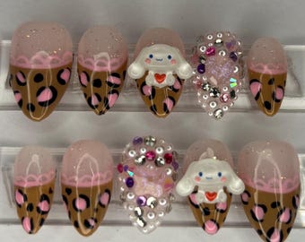 Cheetah print Press On Nails, sanrio nails, animal nails, 3D art nails, long lasting press ons, pink nails, y2k nails, 2000s nails, French
