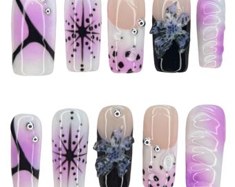Uñas postizas con orquídeas pintadas a mano estilo y2k, uñas y2k, uñas de orquídeas, uñas de arte 3D, uñas postizas de larga duración, uñas postizas de Pinterest, uñas góticas, alt