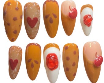 Pie Press On Nails, xmas food nails, artsy xmas nails, food nails, long lasting press ons, cheesecake nails, cookie nails, food press ons