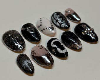 Handpainted Goth Press On Nails, goth nails, witch nails, 3D art nails, long lasting press ons, evangelical press ons, god nails, goth gift