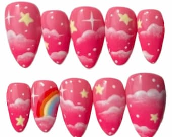 Custom pink sunset & clouds Press On Nails, celestial nails, cloud nails, long lasting press ons, pink nails, sunset press on nails, sunset