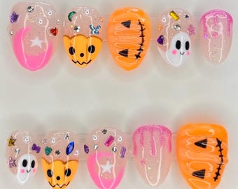 Handpainted kawaii Halloween Press On Nails, y2k nails, Halloween nails, 3D art nails, long lasting press ons, Pinterest press ons, kawaii