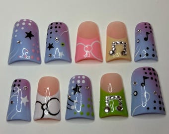 Handpainted Pastel Duck Press On Nails, y2k nails, 2000s nails, 3D art nails, long lasting press ons, Pinterest press ons, Duck nails, cunt