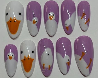 Handpainted Goose Press On Nails, y2k nails, goose nails, 3D art nails, long lasting press ons, Pinterest press ons, bird nails, funny nails