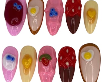 Custom 3D valentines breakfast Press On Nails, food nails, 3D art nails, long lasting press ons,breakfast food nails, y2k nails, vday nails