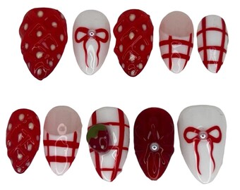 Custom 3D strawberry Press On Nails, valentines day nails, food nails, 3D art nails, long lasting press ons,breakfast food nails, y2k nails