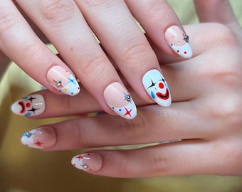 Custom clown Press On Nails, circus nails, hand painted nails, 3D art nails, long lasting press ons, nail art, clown nails, sparkle nails