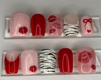 Zebra print Press On Nails, pink nails, animal nails, 3D art nails, long lasting press ons, kiss mark nails, y2k nails, 2000s nails, vday